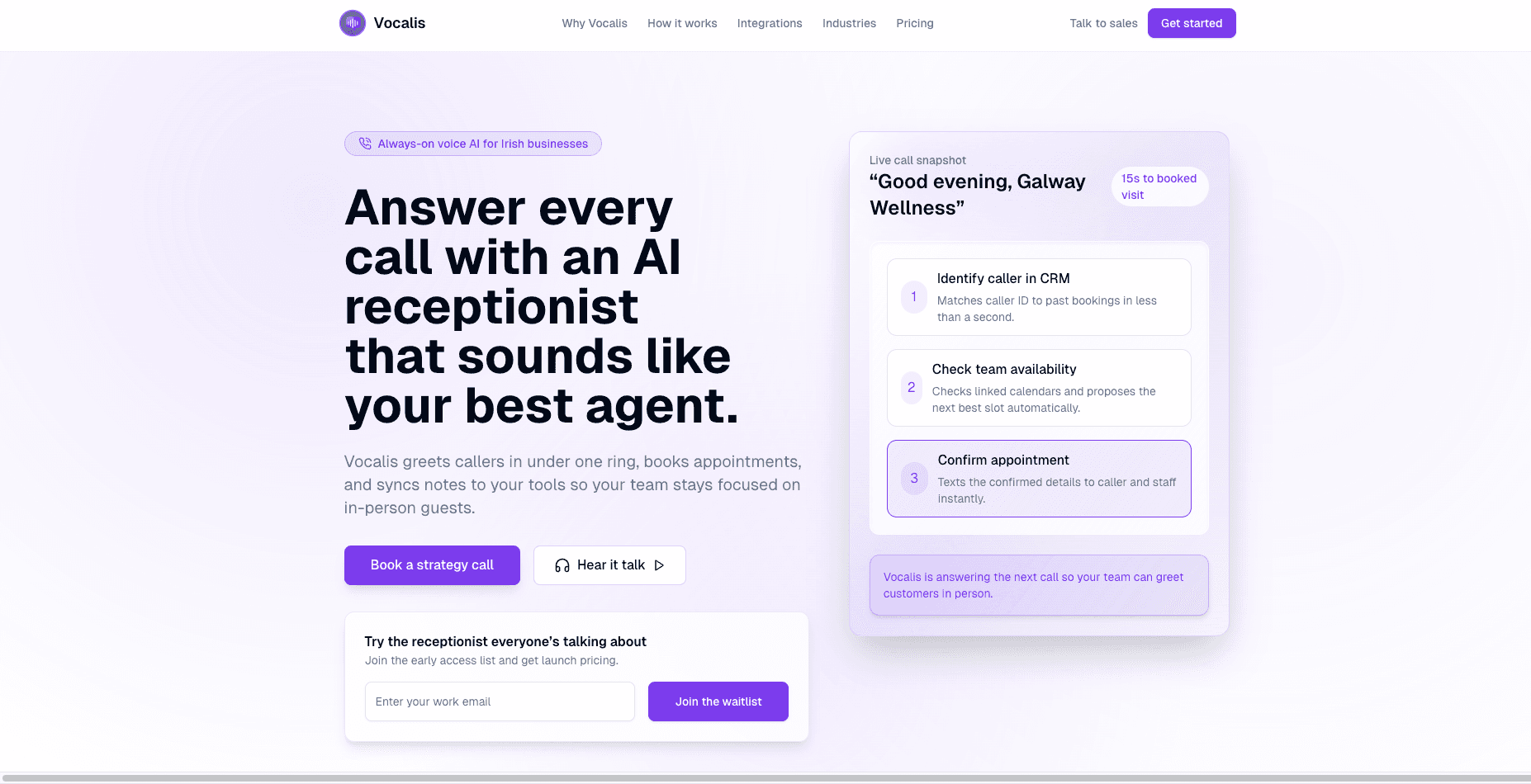 Vocalis AI receptionist dashboard for service business call handling